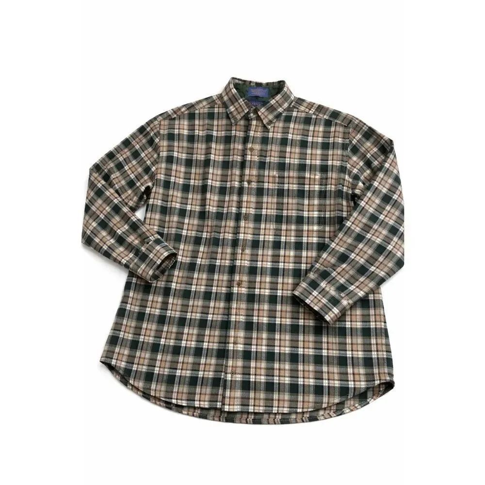 Pendleton Brown Green White Plaid Wool Vintage Flannel Shirt Size XL